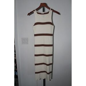 Endless Blu Striped Ribbed Knit Midi Dress Cream Brown Sleeveless Women's S